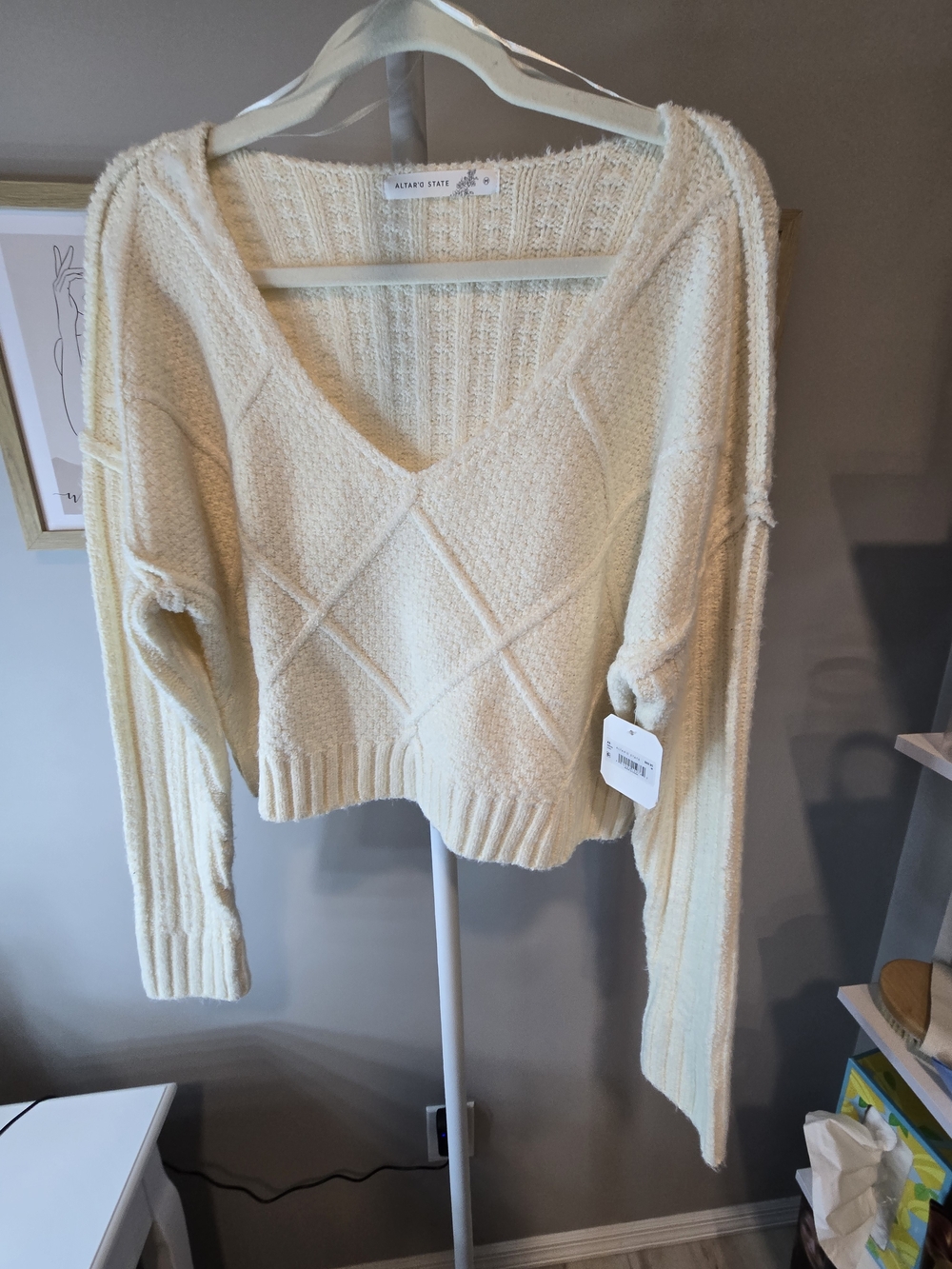 NWT Altar'd State Cream V-Neck Diamond Texture Sweater